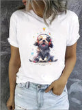 Women's Cartoon Dog Print Round Neck Tee, Fashion Casual Crew Neck T-Shirt for Daily Holiday Vacation Outdoor Wear, Ladies Clothes for Summer