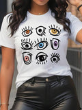 Women's Cartoon Eye Print Round Neck Tee, Fashion Casual Short Sleeve T-shirt for Daily Wear, Ladies Clothes for All Seasons