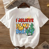 Women's Cartoon Face & Letter Print Round Neck Tee, Fashion Casual Crew Neck Short Sleeve T-Shirt for Daily Outdoor Wear, Women's Clothing for Spring Fall