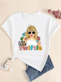 Women's Cartoon Figure & Letter Print Round Neck Tee, Fashion Casual Short Sleeve T-shirt for Daily Wear, Ladies Clothes for Summer