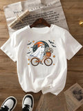 Women's Cartoon Ghost Print Round Neck Tee, Casual Short Sleeve Crew Neck T-shirt for All Seasons, Fashion Women's Top for Daily Wear
