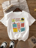 Women's Cartoon List Graphic Print Round Neck Tee, Fashion Casual Short Sleeve T-shirt, Ladies Summer Clothes for Daily Wear