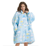 Women's Cartoon Print Hoodie Flannel Wearable Blanket Long Sleeve Kangaroo Pocket Winter Loungewear Pullover Womenswear Polyester