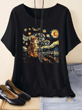 Women's Cat & Starry Night Print Round Neck Tee, Casual Short Sleeve Crew Neck T-Shirt for Summer, Fashion Women's Top for Daily Wear