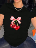 Women's Cherry & Bow Print Round Neck Tee, Fashion Casual Crew Neck T-Shirt for Daily Holiday Vacation Outdoor Wear, Ladies Clothes for All Seasons
