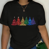 Women's Christmas Tree Print Round Neck Tee, Fashion Casual Short Sleeve T-shirt, Ladies Summer Clothes for Daily Wear