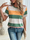 Women's Colorblock Striped Print Round Neck Tee, Casual Short Sleeve Crew Neck T-shirt for Summer, Fashion Women's Top for Daily Wear