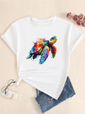 Women's Colorful Turtle Print Round Neck Tee, Fashion Casual Short Sleeve Crew Neck T-shirt for Daily Holiday Vacation Outdoor Wear, Ladies Clothes for Summer