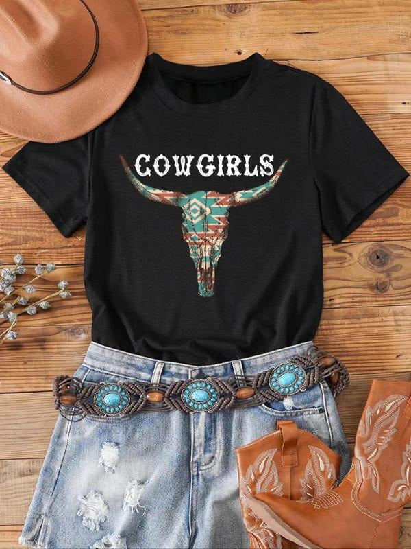Women's Cow Letter Print Round Neck Graphic Tee, Vintage Trendy Casual Short Sleeve T-shirt for Daily Wear, Ladies All Seasons Outfit