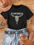 Women's Cow Letter Print Round Neck Graphic Tee, Vintage Trendy Casual Short Sleeve T-shirt for Daily Wear, Ladies All Seasons Outfit