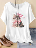 Women's Cute Cat & Letter Print Drop Shoulder Tee, Casual Half Sleeve Round Neck T-Shirt for Summer, Fashion Women's Top for Daily Wear