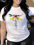 Women's Dragonfly & Letter Print Round Neck Graphic Tee, Vintage Trendy Casual Short Sleeve T-shirt for Daily Wear, Ladies Summer Outfit