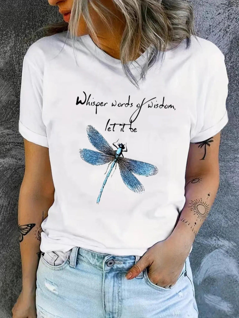 Women's Dragonfly & Letter Print Round Neck Graphic Tee, Vintage Trendy Casual Short Sleeve T-shirt for Daily Wear, Ladies Summer Outfitstyle{n002}2