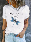 Women's Dragonfly & Letter Print Round Neck Graphic Tee, Vintage Trendy Casual Short Sleeve T-shirt for Daily Wear, Ladies Summer Outfitstyle{n002}2