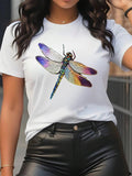 Women's Dragonfly Print Round Neck Tee, Casual Short Sleeve Crew Neck T-shirt for Summer, Fashion Women's Top for Daily Wear