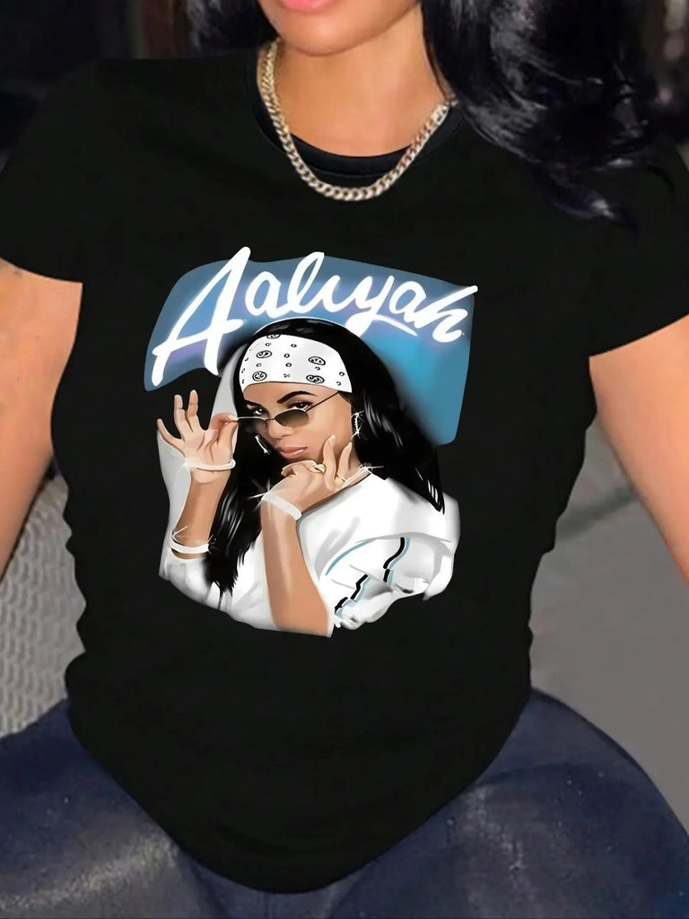 Women's Figure Print Round Neck Graphic Tee, Vintage Trendy Casual Short Sleeve T-shirt for Daily Wear, Ladies Summer Outfit