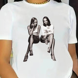 Women's Figure Print Round Neck Tee, Fashion Casual Crew Neck Short Sleeve T-Shirt for Daily Holiday Vacation Outdoor Wear, Ladies Clothes for All Seasonsstyle{n002}2