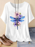 Women's Floral & Dragonfly Print Drop Shoulder Tee, Casual Short Sleeve Round Neck T-shirt for Summer, Ladies Clothes for Daily Wear