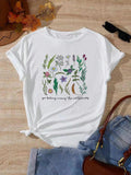 Women's Floral & Letter Print Round Neck Tee, Casual Short Sleeve Crew Neck T-shirt for Summer, Fashion Women's Top for Daily Wearstyle{n002}2