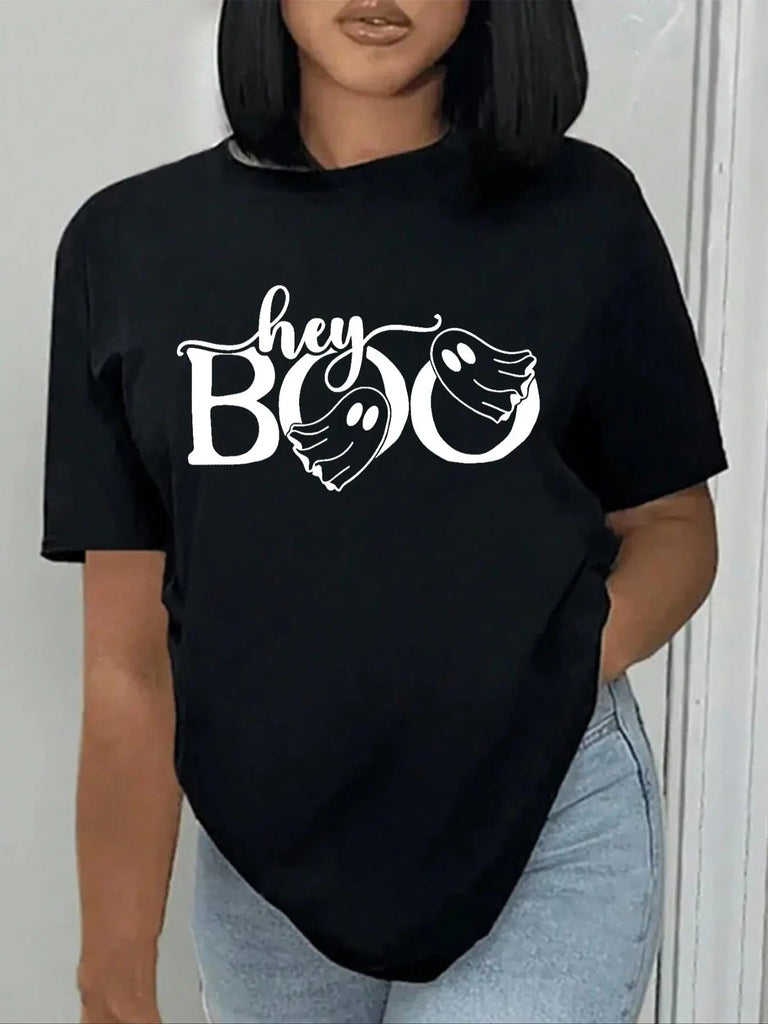 Women's Ghost & Letter Print Round Neck Graphic Tee, Vintage Trendy Casual Short Sleeve T-shirt for Daily Wear, Ladies All Seasons Outfit