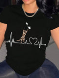 Women's Leopard & Heartbeat Print Round Neck Tee, Fashion Casual Short Sleeve Crew Neck T-shirt for Daily Holiday Vacation Outdoor Wear, Ladies Clothes for All Seasons