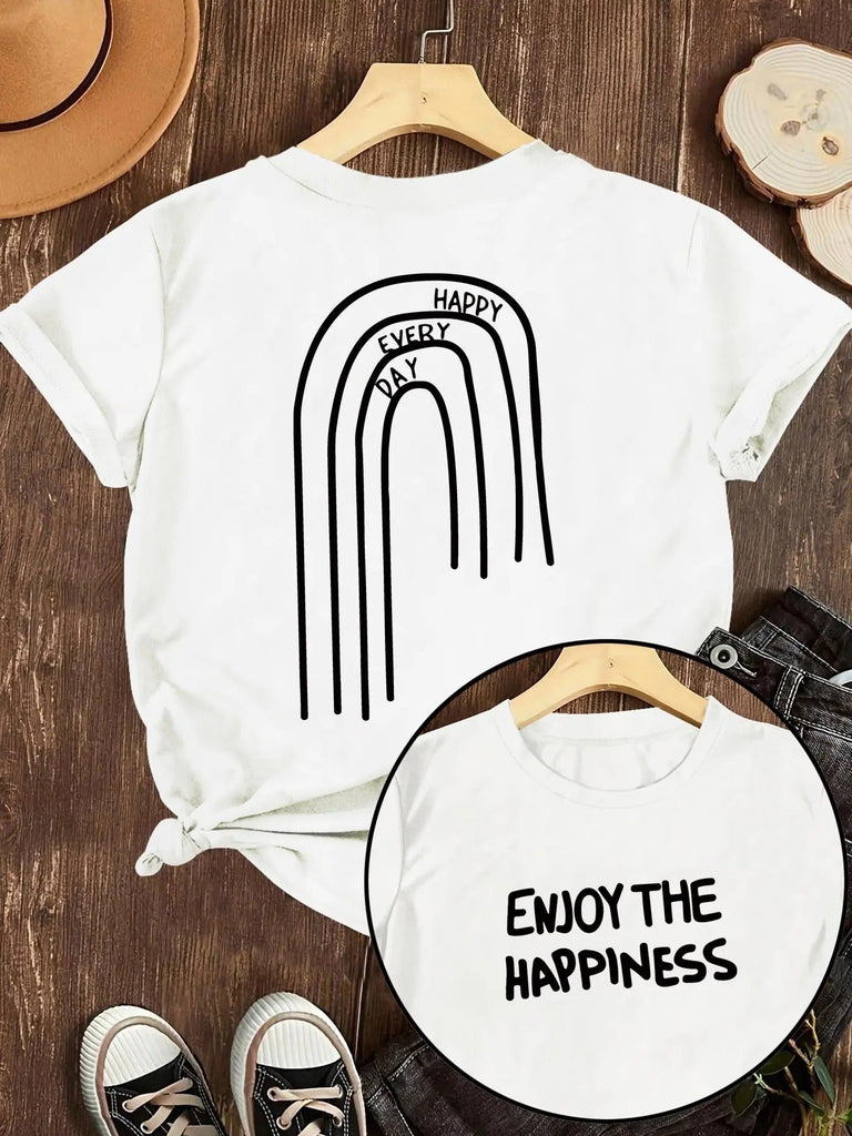 Women's Letter & Geometric Print Round Neck Graphic Tee, Vintage Trendy Casual Short Sleeve T-shirt for Daily Wear, Ladies All Seasons Outfit