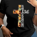 Women's Letter & Leaf Print Round Neck Tee, Casual Short Sleeve Crew Neck T-shirt for Summer Ladies  Top for Daily Wear