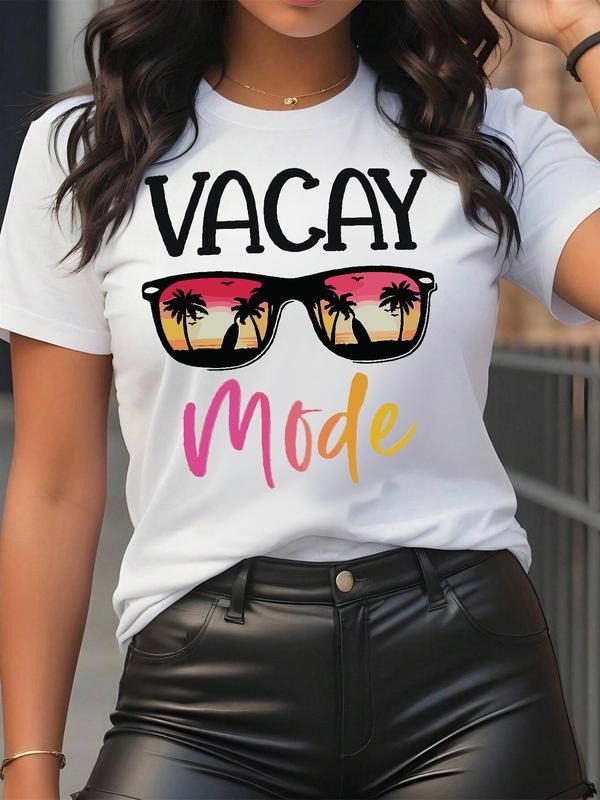 Women's Letter & Sunglasses Print Round Neck Tee, Vintage Trendy Short Sleeve T-shirt for Daily Wear, Ladies Summer Outfit