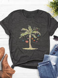 Women's Palm Tree Print Round Neck Tee, Casual Short Sleeve Crew Neck T-shirt for Daily Wear, Ladies Clothes for All Seasons