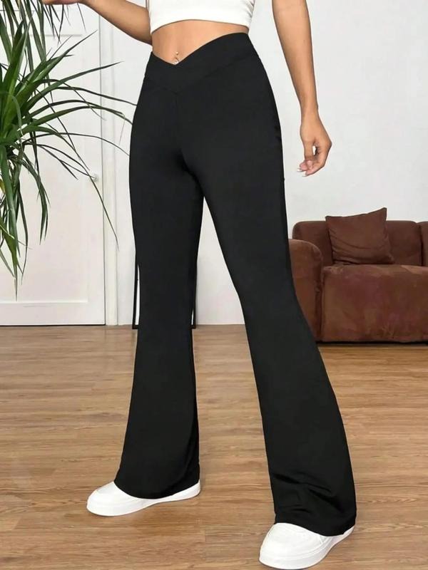 Women's Plain High Waist Flare Leg Pants, Comfy V-cut Waist Bell Bottom Trousers for Daily Outdoor Wear, Lady Clothing for All Seasons, Please Purchase One Size Smaller, Womenswear