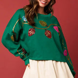 Women's Sequins Loose Sweatshirt Christmas Light String Drop Shoulders Long Sleeve Casual Pullover Tops