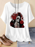 Women's Skull & Floral Print Round Neck Tee, Halloween Themed Fashion Casual Crew Neck Short Sleeve T-Shirt for Daily Holiday Vacation Outdoor Wear, Ladies Clothes for Summer