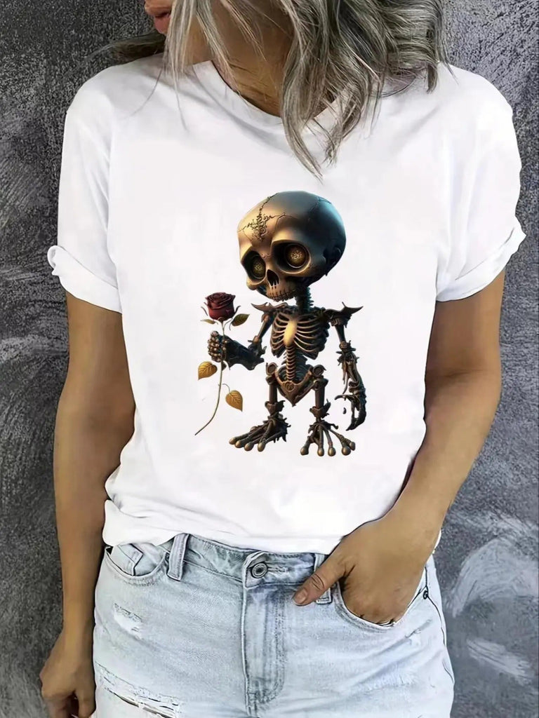 Women's Skull & Rose Print Round Neck Graphic Tee, Vintage Trendy Casual Short Sleeve T-shirt for Daily Wear, Ladies Summer Outfit