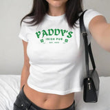 Women's St Patrick's Day Pub Logo Baby Tee, Shamrock Design, Irish Party Shirt, Festival Baby Tee, Cool Girl Saint Pattys Day Party