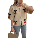 Women's Summer Knit Tops Half Sleeve O Neck Button Up Cherry Embroidery Knitwear for Party