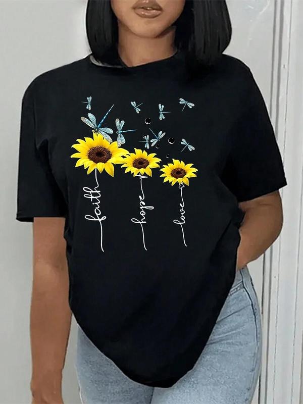 Women's Sunflower & Letter Print Round Neck Graphic Tee, Vintage Trendy Casual Short Sleeve T-shirt for Daily Wear, Ladies Summer Outfit