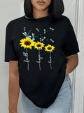 Women's Sunflower & Letter Print Round Neck Graphic Tee, Vintage Trendy Casual Short Sleeve T-shirt for Daily Wear, Ladies Summer Outfit