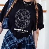 Women's The Mountains Minimalist Graphic Tshirt - Short Sleeve Casual Cotton with Sun and Mountains Design - Womenswear, Top Comfortable Oversized