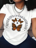 Women's Vintage Butterfly & Letter Print Round Neck Tee, Casual Short Sleeve Crew Neck T-Shirt for Summer, Fashion Women's Top for Daily Wear