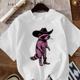 Womenswear Raccoon Print Round Neck Tee, Daily Vacation Wear, Summer Ladies Clothes for All Seasons, Going Out Tops 2000s Crewneck Cotton