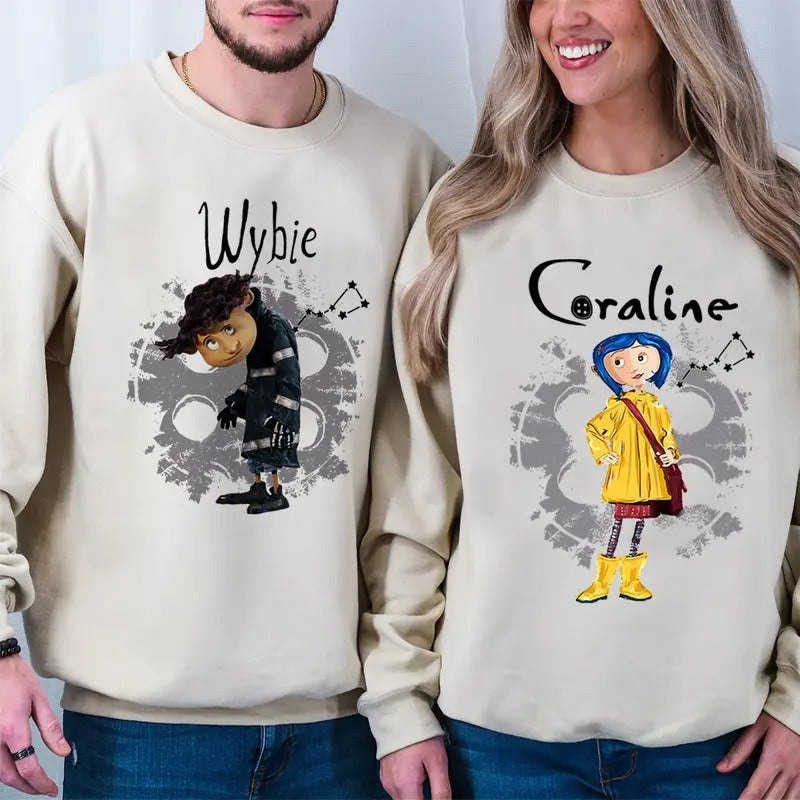 Wybie and Coraline Couple Couple Sweatshirt, Cute Coraline T-Shirt, Valentine Movie Hoodie Shirt, Coraline yellow Coat Tee Cotton Womenswear