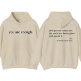 You Are Enough 2 Sided Hoodie T-Shirt, Men's Letter Print Pocket Drawstring Graphic, Spring Fall Menswear