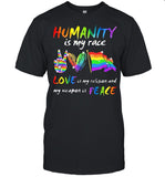 Humanity Is My Race Love Is My Religion And My Weapon Is Peace Heart Flag Lgbt shirt