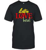 Devale Ellis wearing listen love heal shirt